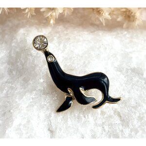 Seal Shaped Black Enameled Figural Gold TOned Vintage Costume Jewelry Brooch